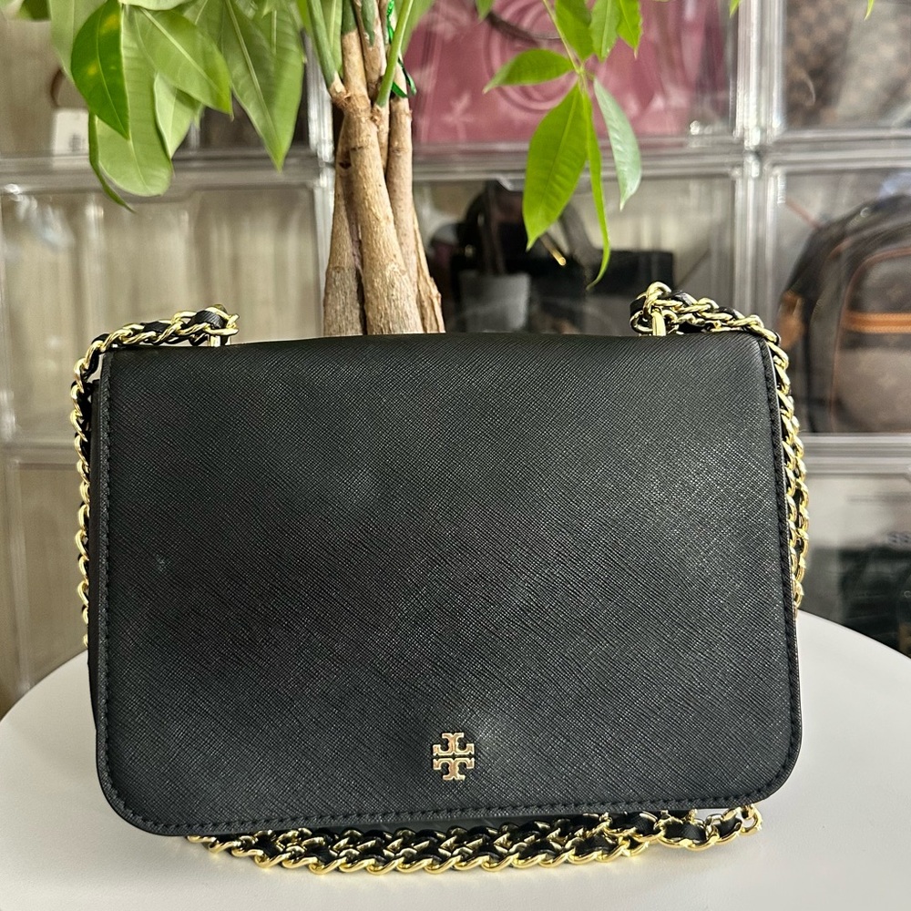 Tory Burch Black Leather Chain Shoulder Bag Saffiano Leather